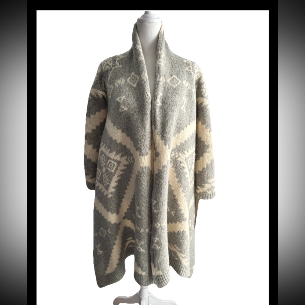 RALPH LAUREN Hand Knit VINTAGE Rare Sweater Wrap Aztec Gray White Lambswool Sz S